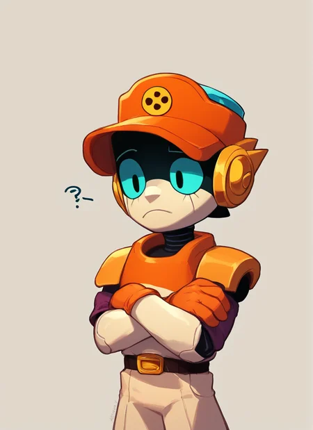 score_9, score_8_up, score_7_up, <lora:bslarry:1>bslarry , robot boy , hat , 1 boy , blue eyes , whithe skin , solo orange gloves ,orange headwear , belt , <lora:PossumMachine:1>posmach , crossed arms, confused, ???