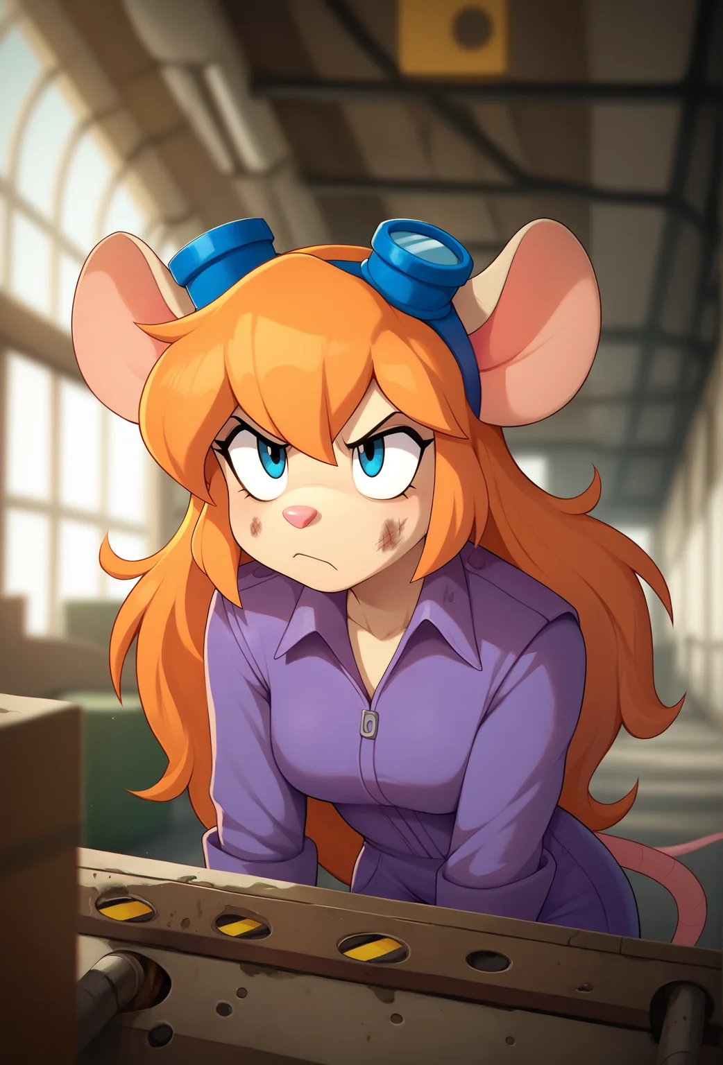 score_9, score_8_up, score_7_up, score_6_up, score_5_up, score_4_up, <lora:marblesoda_style_ponyXL_v1.2:1> marblesodastyle, (depth of field:1), factory, machinery,
1girl, solo, furry, gadget hackwrench, mouse ears, orange hair, long hair, purple jumpsuit, goggles on head, leaning forward, close-up, annoyed, dirty face, dirty clothes
