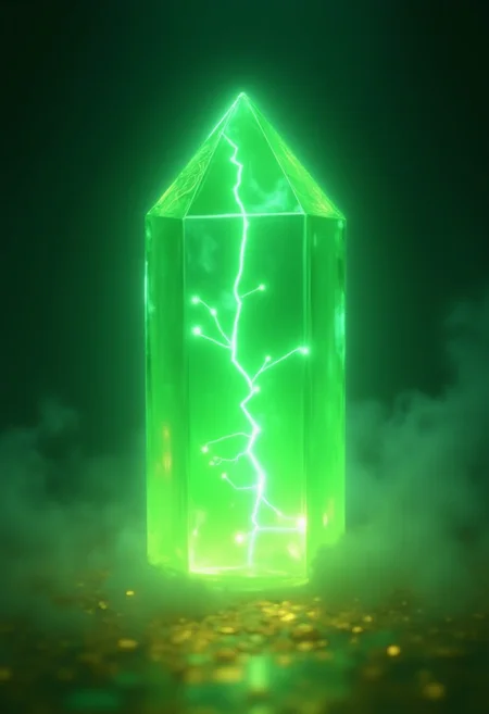 A photorealistic 4K image of a glowing green crystal with smooth, rounded edges, floating above a pool of shimmering liquid gold. Inside the crystal, tiny lightning bolts crackle and dart, illuminating hidden runes that pulse with energy. The crystal emits a soft, ethereal glow that reflects off the surrounding mist, creating a mystical atmosphere. Wisps of smoke curl around the crystal, adding to the sense of mystery and power. Masterpiece quality, highly detailed