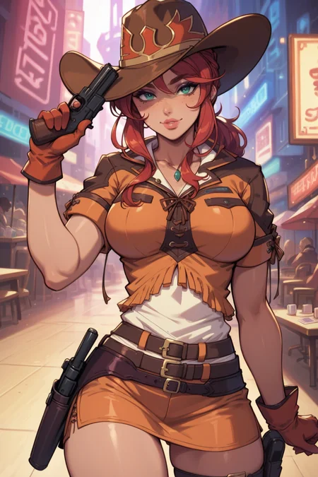 <lora:add-detail-xl:3> score_9,score_8_up,score_7_up,score_6_up, volumetric lighting, dynamic shading, 1woman, sexy, seductive, alluring, mature, thick eyebrows, thick eyeliner, dark eyeshadow, looking at viewer, full lips, lips parted, wide hips, large breasts,
BREAK
<lora:gemini_autismConfetti_v01:0.8> gemini sunrise, red hair, green eyes, low ponytail, blue eyes, freckles, sidelocks, holster, tan skin, tan lines, cowboy hat, belt, thigh strap, fringe trim, gloves, miniskirt, short sleeves, cowboy boots,
BREAK
wild west, saloon, card table, fingergun,