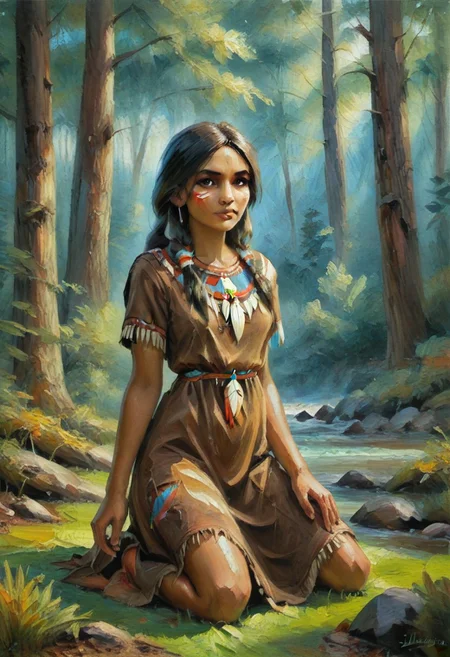 score_9, score_8_up, score_7_up, source_oil painting, oil painting,  taking water from a gentle stream, kneeling, painterly, faux traditional media, realistic, 1girl, very long black hair, wearing a brown deerskin dress, in an autumn forest, morning time, (((native american indian))), utah, in the style of (((Z S Liang:1.25)))
