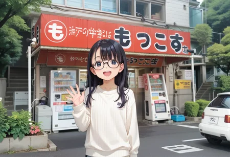 score_9, score_8_up, score_7_up, rating_safe, masterpiece, best quality, absurdres, unity 8k wallpaper, official art, official style, source_anime, uncensored, game cg, megami magazine,
1girl, solo, glasses, black hair, long hair, white ribbed sweater, happy, smile, looking at viewer, open mouth, solo focus, waving,
moccos, scenery, storefront, japan, outdoors, plant, vending machine, road, tree, car, sign, real world location, building, street, storefront, potted plant, close-up
<lora:moccosu_pony_V1:1>