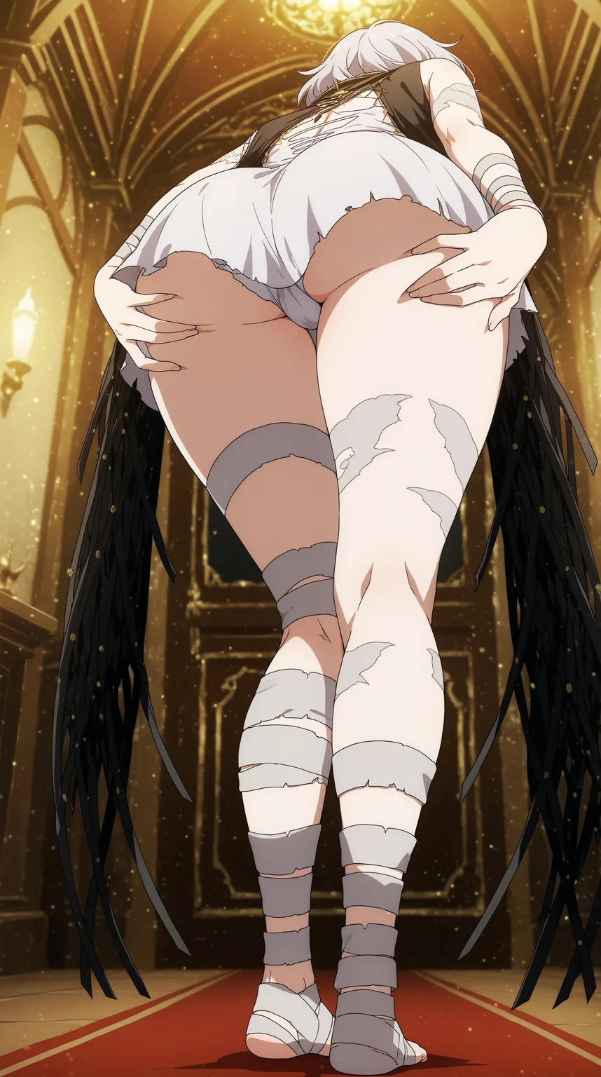 masterpiece, anime coloring, newest, Vio, Main Outfit, solo, standing, full body, indoors, from behind, hands on ass, grabing ass, blush, from below, white dress, <lora:JN_Vio_Illus:0.8>