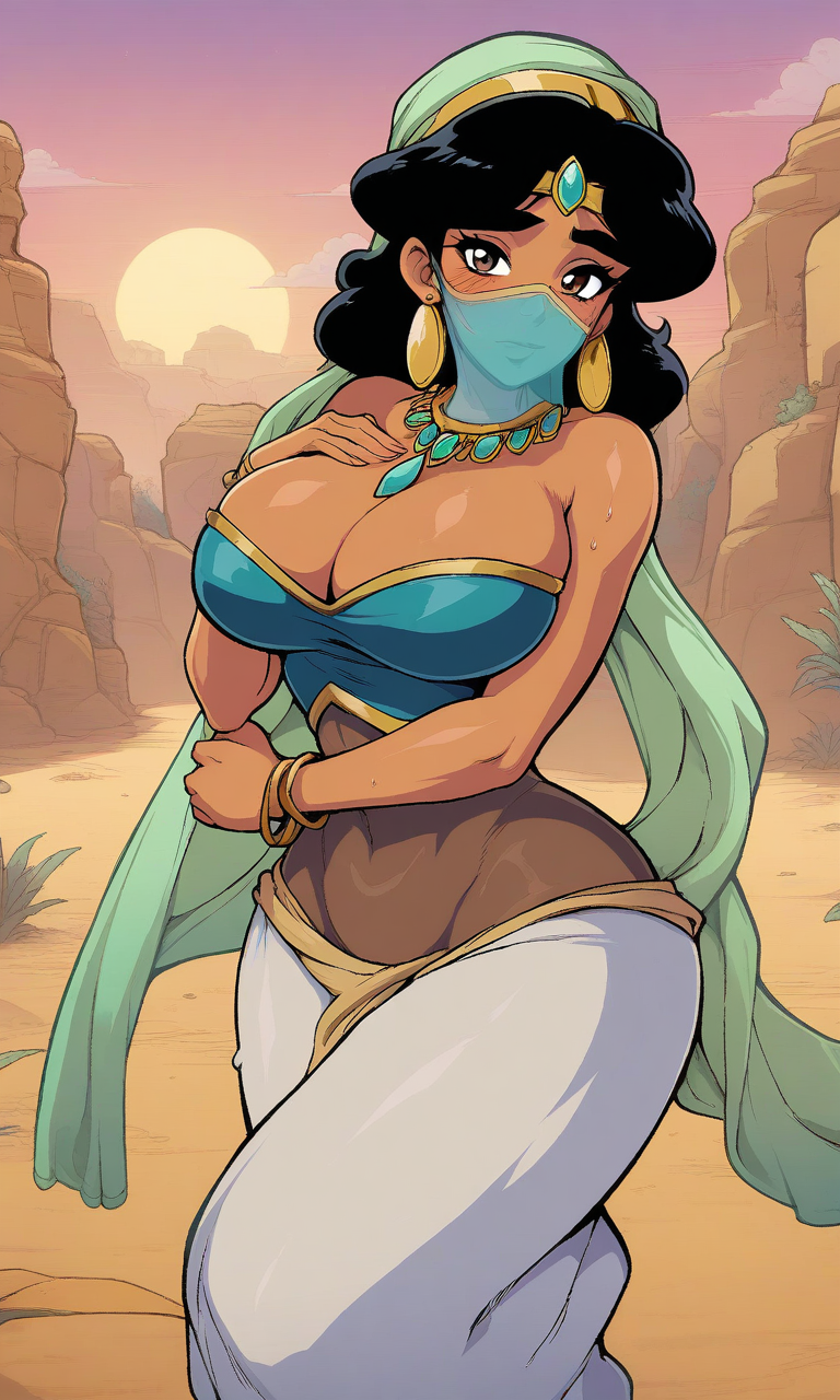 safe for work, PG13, Princess Jasmine, source_hentai, (masterpiece), (4k4bur5tyl3), retro_artstyle, hazy, sexy curvy woman, tall, small waist, wide hips, in_heat, large breasts, stud piercing, mouth veil, shy, (brown eyes:1.2), dark skin, brown skin, scarf, headband, jewel, jewelry, fidgeting, cleavage, breasts covered, shawl, harem pants, hijab, modest, (black hair), arabian desert, sand, shrubs, rocks, sensual lighting, light particles, heavy shadows, sweaty, blushing, synthwave, neon, tron, hyper detailed, smooth, high contrast, volumetric lighting, golden ratio, vibrant rich deep color, perfect eyes, eyelashes, eyebrows, blush, looking at viewer, 1girl, solo, mole under eye, perfect hands, detailed background, bokeh