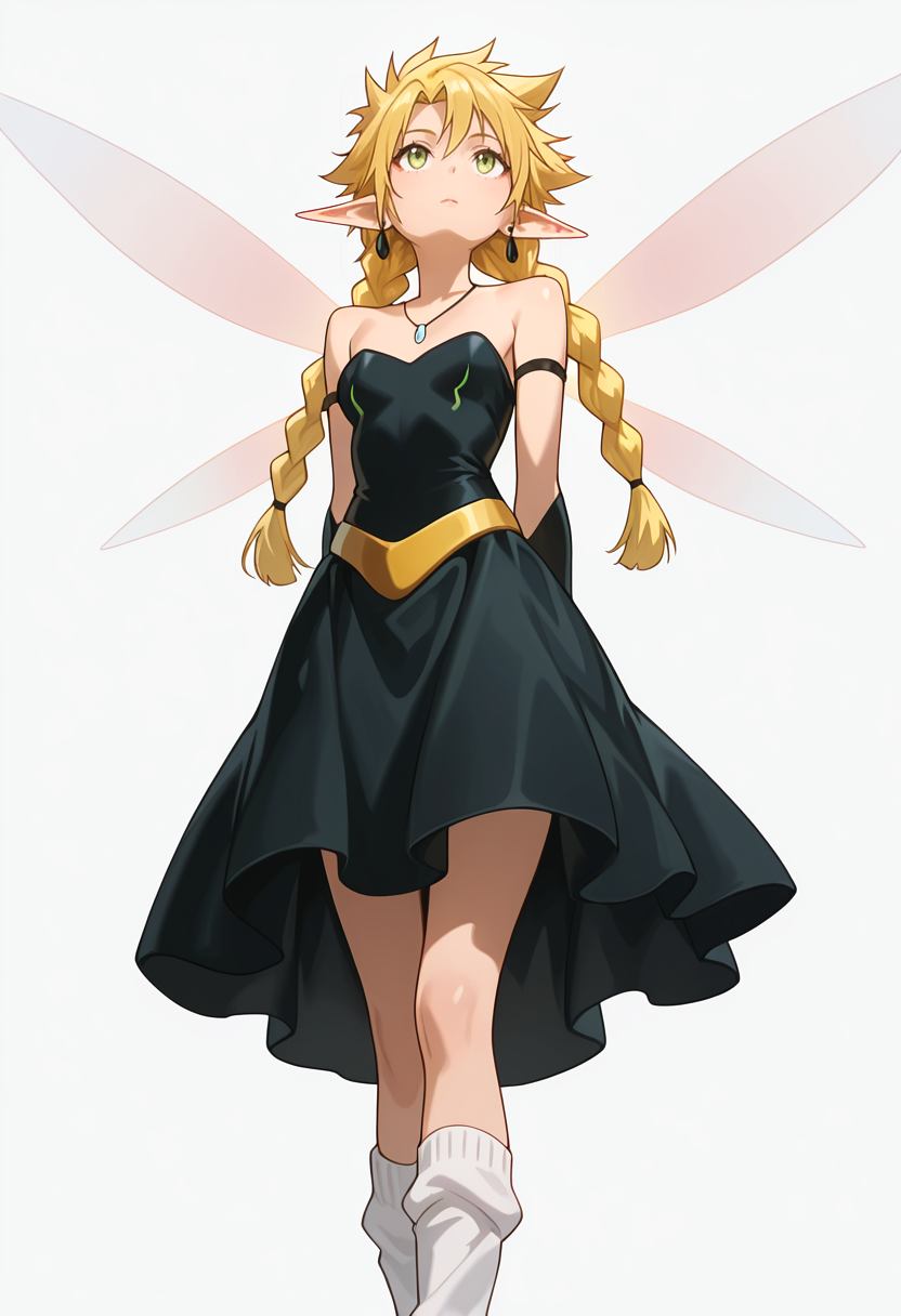 Smooth Quality,masterpiece,very intricate, high quality details, ultra realistic, high detailed skin,detailed enviorement,absurdres,
simple background, white background,solo,
standing, arms behind back, looking up, calm expression, relaxed posture,  ,from below,aroused,
 <lora:Ramiriscnn:0.8> ramiriscnn,1girl, long hair, blonde hair, twin braids, pointy ears,wings, fairy wings,fairy, bare shoulders, strapless black dress,bridal_gauntlets, socks,necklace, earrings,