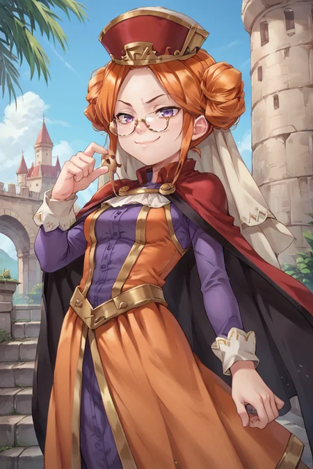 score_9, score_8_up, score_7_up, score_6_up, source_anime, BREAK,<lora:Eudy:0.7> , eudef, 1girl, purple eyes, orange hair, double bun, doughnut hair bun, glasses, cape, hat, veil, orange dress, shirt under dress, purple shirt (looking at viewer), smug, raised palm, action pose, smile, closed mouth, castle, cannon, scenery, <lora:backgroundsetXL:0.4> , background,   <lora:lilandy:0.7> , lilandy style,
