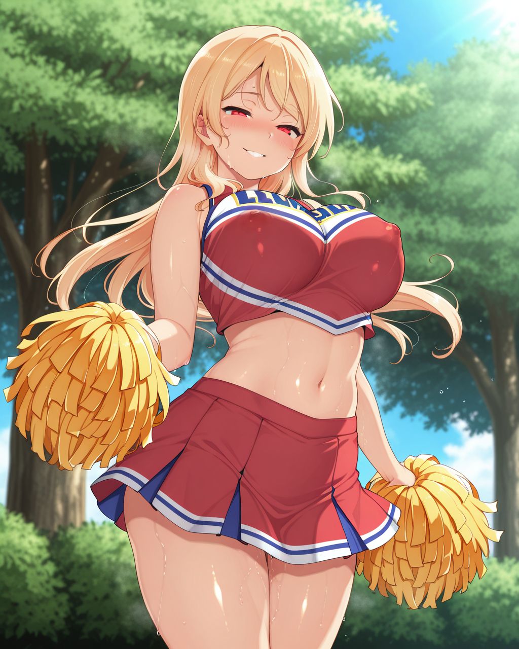 solo, standing, BREAK
1girl,big breasts,lovestruck,seductive smile,in heat,embarrassed,BREAK
blonde hair,long hair,red eyes,cheerleader,BREAK
shiny skin,erect nipples,outdoors, sweat,BREAK
masterpiece,best quality,amazing quality,explicit,<lora:AlMEO:0.75><lora:総司Ill:0.75>