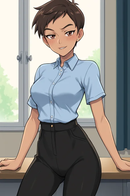 PonyXLV6_Scores BREAK ((parody, anime coloring), perfect anatomy, perfect eyes, cowboy shot), <lora:add_details_xl:0.8> BREAK <lora:Lois_Lane_-_MAWS:0.8> 1girl, dark-skinned female, tomboy, short hair, brown hair, brown eyes, flirting, raised eyebrow, half-closed eyes, biting lip, blushing, ((looking at viewer)), jewelry, stud earrings, stud earrings, blue shirt, collared shirt, short sleeves, black pants, medium breasts, curvy, toned, athletic, seductive pose, leaning back on desk, luxurious office, indoors