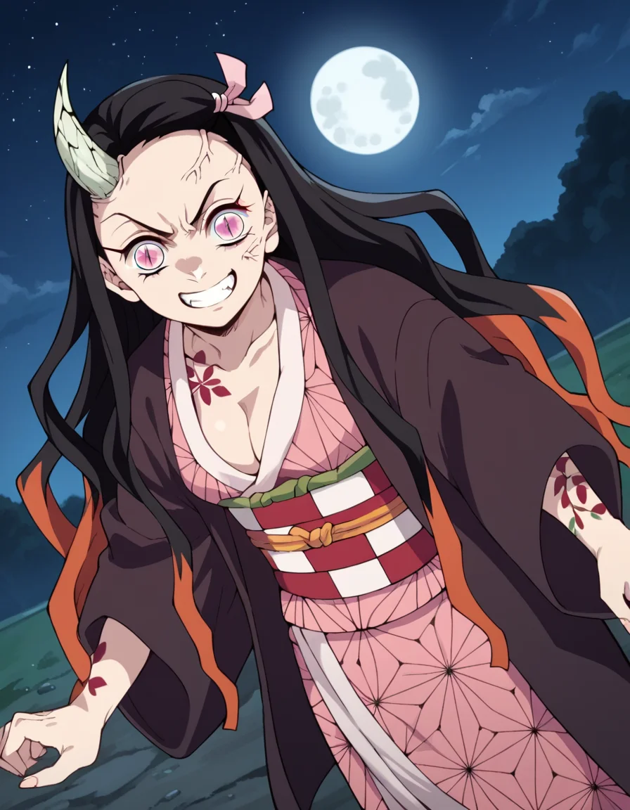 score_9, score_8_up, score_7_up, source_anime,
nezukokamado, <lora:nezuko-kamado-anime-ponyxl-lora-nochekaiser:1>,
nezuko kamado, black hair, forehead, hair ribbon, long hair, multicolored hair, pink eyes, orange hair, slit pupils, wavy hair, two-tone hair,
cleavage, japanese clothes, horns, kimono, sash, obi, demon girl, angry, single horn, veins, pink kimono, cracked skin, checkered sash, tattoo,
outdoors, night, landscape, moon, starry sky, bent over, smile,
solo, dutch angle, looking at viewer, cowboy shot,