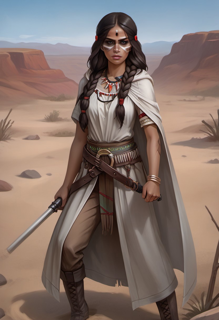 ((zPDXL3)), OZRN, digital art, score_9,score_8_up,score_7_up,score_6_up, face focus, waist-up portrait, absurdres, masterpiece, high res, detailed, 
1girl, solo, (((1girl, long hair, native american, dark skin, feathers, hair ornament, jewelry, necklace, tribal, headdress, armlet, facepaint, braid, bracelet, 1girl, black hair, black eyes, long hair, dark skin))), necklace, feathers, lips, dark skin, Native American, (d4rkr3v4n4rm0r, white robe, cape, hood down, breastplate, gauntlets, belt, pants, belt boots), (holding lightsaber, green lightsaber), calm expression, makeup, beautiful woman, action pose,
BattleDamage, cuts, bruises,
in danger, distressed, alarmed, (combat stance), 
dramatic, danger, dutch angle, dof, sand desert background, perfect, Hand, detailed, perfection, hands, 
<lora:bastilashan:1> <lora:Battle_Damage:0.3> <lora:hand 4:0.5>