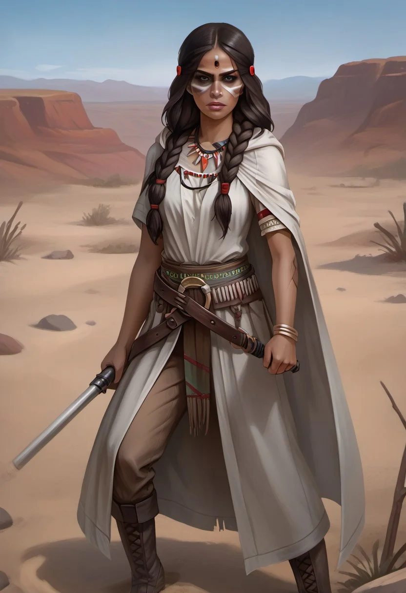 ((zPDXL3)), OZRN, digital art, score_9,score_8_up,score_7_up,score_6_up, face focus, waist-up portrait, absurdres, masterpiece, high res, detailed,
1girl, solo, (((1girl, long hair, native american, dark skin, feathers, hair ornament, jewelry, necklace, tribal, headdress, armlet, facepaint, braid, bracelet, 1girl, black hair, black eyes, long hair, dark skin))), necklace, feathers, lips, dark skin, Native American, (d4rkr3v4n4rm0r, white robe, cape, hood down, breastplate, gauntlets, belt, pants, belt boots), (holding lightsaber, green lightsaber), calm expression, makeup, beautiful woman, action pose,
BattleDamage, cuts, bruises,
in danger, distressed, alarmed, (combat stance),
dramatic, danger, dutch angle, dof, sand desert background, perfect, Hand, detailed, perfection, hands,
<lora:bastilashan:1> <lora:Battle_Damage:0.3> <lora:hand 4:0.5>