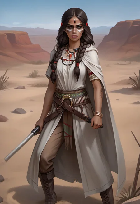 ((zPDXL3)), OZRN, digital art, score_9,score_8_up,score_7_up,score_6_up, face focus, waist-up portrait, absurdres, masterpiece, high res, detailed,
1girl, solo, (((1girl, long hair, native american, dark skin, feathers, hair ornament, jewelry, necklace, tribal, headdress, armlet, facepaint, braid, bracelet, 1girl, black hair, black eyes, long hair, dark skin))), necklace, feathers, lips, dark skin, Native American, (d4rkr3v4n4rm0r, white robe, cape, hood down, breastplate, gauntlets, belt, pants, belt boots), (holding lightsaber, green lightsaber), calm expression, makeup, beautiful woman, action pose,
BattleDamage, cuts, bruises,
in danger, distressed, alarmed, (combat stance),
dramatic, danger, dutch angle, dof, sand desert background, perfect, Hand, detailed, perfection, hands,
<lora:bastilashan:1> <lora:Battle_Damage:0.3> <lora:hand 4:0.5>