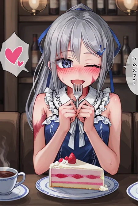 score 9,score 8 up,score 7 up,rating questionable,detailed background,aroused,cinematic lighting,dynamic lighting,uncensored,
,sylvie <lora:sylvie.pony:1>
steaming body,sensual,alluring,sweatdrop,heavy breathing,(spoken heart),silver hair, ponytail,blue ribbon, 
restaurant,table,tablecloth,many dishes,cake,coffee,cup,eating,fork,half-eaten cake,
blue-dress,sleeveless, 
smile,one eye closed,open mouth,blush,(upper body, pov,front view)