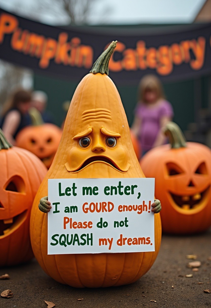A sad, teardrop-shaped gourd with a droopy face, holding a sign that reads, "Let me enter, I am Gourd enough! Please do not SQUASH my dreams!" The words Gourd and SQUASH are in bold, different colors to emphasize the pun—Gourd in green and SQUASH in orange. The background features a lively Halloween pumpkin competition, with a banner overhead that reads "Best Pumpkin Category" in festive, spooky lettering. Behind the gourd, proud, intricately carved pumpkins are on display, some with exaggerated smiles. The atmosphere is playful, yet the gourd's plea adds a funny, heartfelt touch to the scene