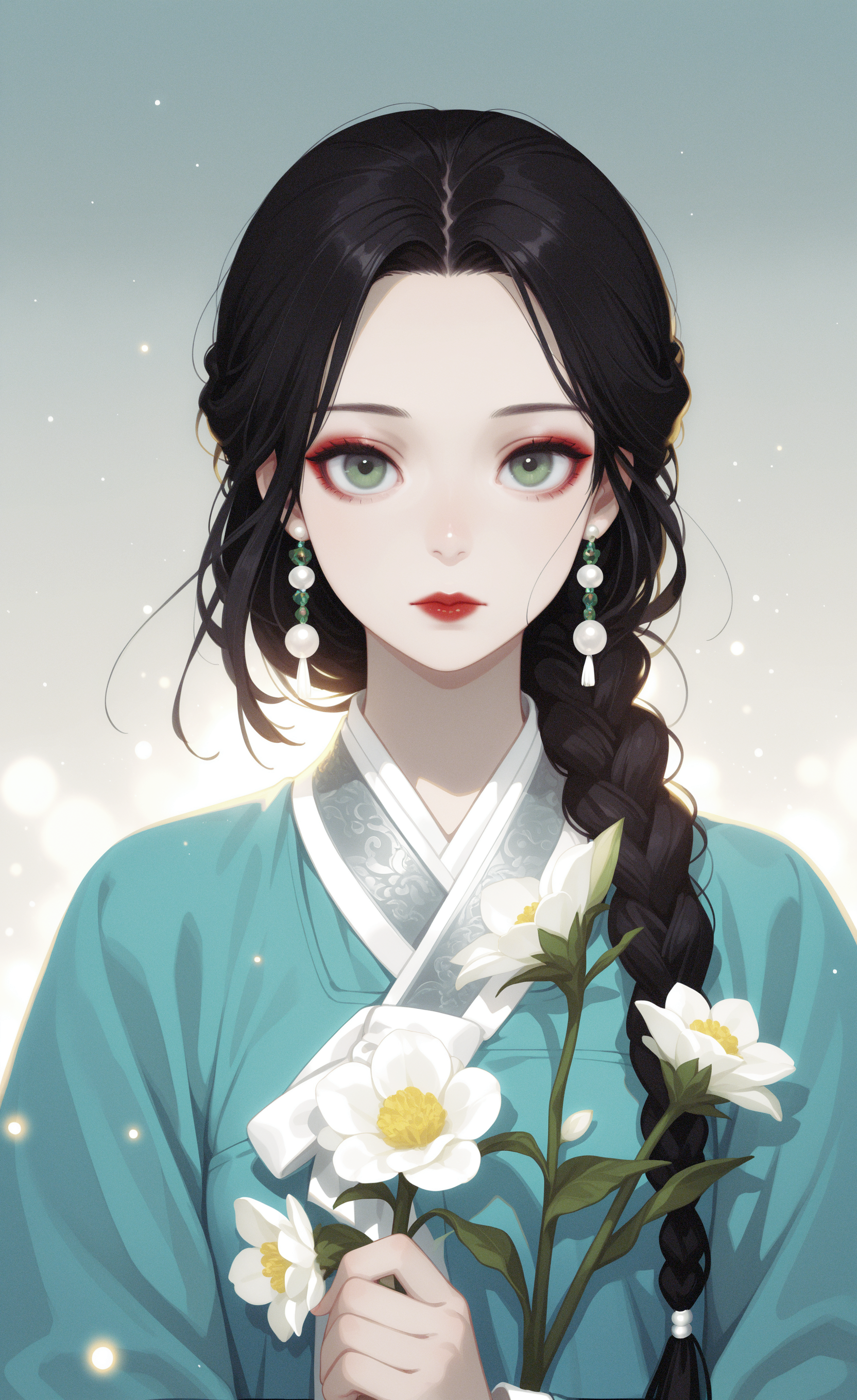 masterpiece,best quality,amazing quality, 1girl, solo, long hair, looking at viewer, black hair, holding, closed mouth, jewelry, green eyes, upper body, braid, flower, earrings, grey eyes, single braid, makeup, expressionless, chinese clothes, white flower, gem, hair over shoulder, light particles, braided ponytail, realistic, holding flower, red lips, straight-on, parted hair, hanfu, korean clothes, pearl earrings, hanbok, haiz_ai, no lineart,no outline, <lora:ponyv6_noobE11_2_adamW-000017:0.3> <lora:MeMaXL4:0.8> <lora:veluflora-wai:0.35> <lora:haiz_ai_illu:0.7>