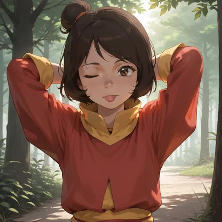 score_9, score_8, score_7, break, solo, jinora_k, 1girl, short hair, brown hair, single hair bun, brown eyes, monk clothes, arms behind head, one eye closed, tongue, sunlight, shadows, natural lighting, trees