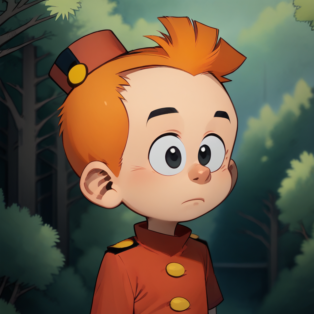 score_9_up, score_8_up, BREAK, Spirou, solo, 1boy, orange hair, black eyes, red hat, red shirt, upper body, <lora:Little_Spirou_PXL_Leaf5:1>, outdoors, forest,