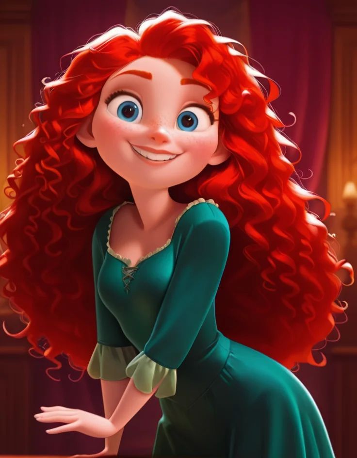 masterpiece, best quality, amazing quality, very aesthetic, absurdres, newest, detailed background, cowboy shot, 4k, 8k,
ralphstyle,
meridaxd, 1girl, solo, long hair, red hair, blue eyes, smile, cute pose, green dress, curly hair, looking at viewer, medium breasts, lips, teeth, freckles,
<lora:Merida_-_Disney_Illustrious:1>
<lora:Ralph_Breaks_the_Internet_Style_-_Disney_Illustrious:1>