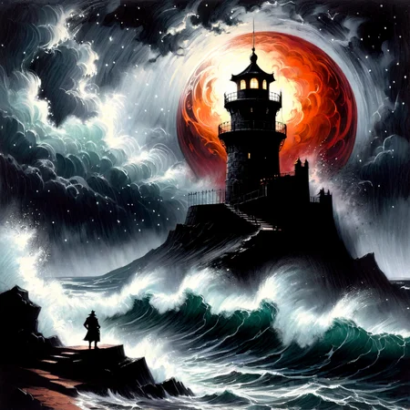 Silhouette Art of (Misunderstood Painting:1.3) of (Cel shading:1.3),(Guilty:1.3) A dramatic and highly detailed digital painting of an ancient, round watchtower standing tall and resilient on a promontory amidst a violent storm, with crashing waves engulfing the building, turbulent skies, and dramatic lighting, enclosed in a reddish glass sphere floating in a vast black space with stars. The image should capture the power and beauty of nature's fury. <lora:CharcoalDarkStyleXL:1> <lora:Dark Fantasy:1> <lora:detailed_notrigger:1> <lora:Chiaroscuro Lighting Style:1>,(by Artist Todd McFarlane:1.3),(Realism:1.3),(CineColor:1.3), high contrast, well defined, Silhouette Art