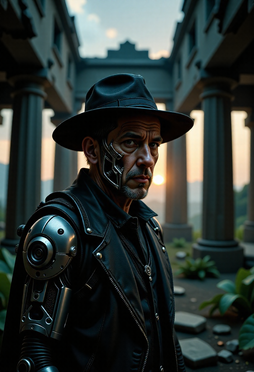 At dawn of early post-apocalypse morning, a futuristic Jewish cyborg warlock stands resolute amidst the crumbling ruins of an ancient temple as the dew can be seen lifting from the ground creating a mist low to the ground and dissipating as it rises. His face is light with caustic lighting by the rising sun in the strange alien jungle surrounding the temple.    The Dutch angle emphasize the sense of unease in the decaying structure, while the moody atmospheric perspective envelops the scene, gnarled features etched into wisdom on the warlock's face. Cybernetic implants on his face, mechanical arms, and a mechanical left eye, hinting at the technology highlighting arcane powers it has mastered. Jewish style exoskeleton the covers his chest and legs.  Drawing inspiration from the styles of style of Donato Giancola and HR Giger.  <lora:flux/mjv6_lora flux.safetensors_converted>, <lora:flux/flux_realism_lora>