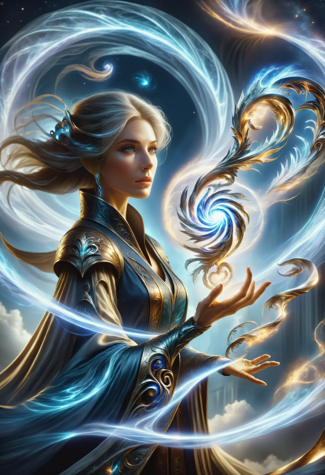 hyper detailed masterpiece, dynamic, awesome quality, a female quantum sorcerer casting enigmatic wind DonMM4g1cXL magic, <lora:DonMM4g1cXL_v1.2:1>, Perfect Hands, <lora:Perfect Hands:1>