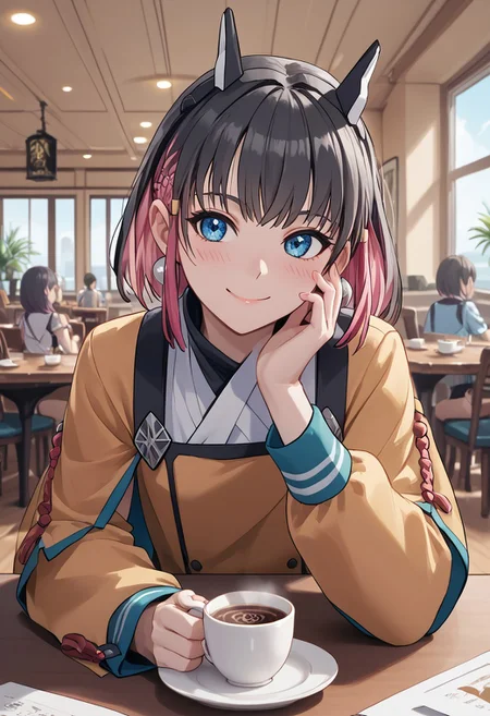 score_4,score_5,score_6,score_7_up,score_8_up,score_9 ((masterpiece,best quality,ultra detailed,highres,HD,4k:1.2)),
1girl, solo,solo focus,girl focus,face focus,
multicolored hair,short hair,black hair,pink hair,blue eyes,tattoo,sidelocks,black head gear,black head ornaments,earrings,small breast,
indoor, cafe, pov date, across table pov, across table, Coffee on the table,sitting, hand, right_hand,right_hand touching face, left_hand, left_hand on table, left_hand placed horizontal, happy,smile,blush,