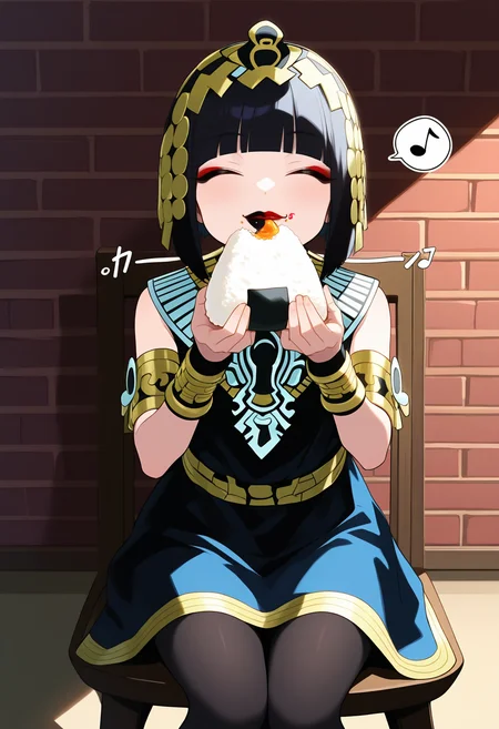best hands, 5 fingers, <lora:Atropos_IL1.1:0.9>looking at viewer, smile, closed eyes, cowboy shot, Take a bite of the rice ball
Atropos, 1girl, solo, black short hair, blunt bangs, black eyes, Red and black lips, makeup, jewelry,
necklace, black sleeveless dress, bracelet, armlet, egyptian, black pantyhose, Black Pumps
Illustration, sitting on chair, eating onigiri, spoken musical note
BREAK indoors, brick wall, shadow,