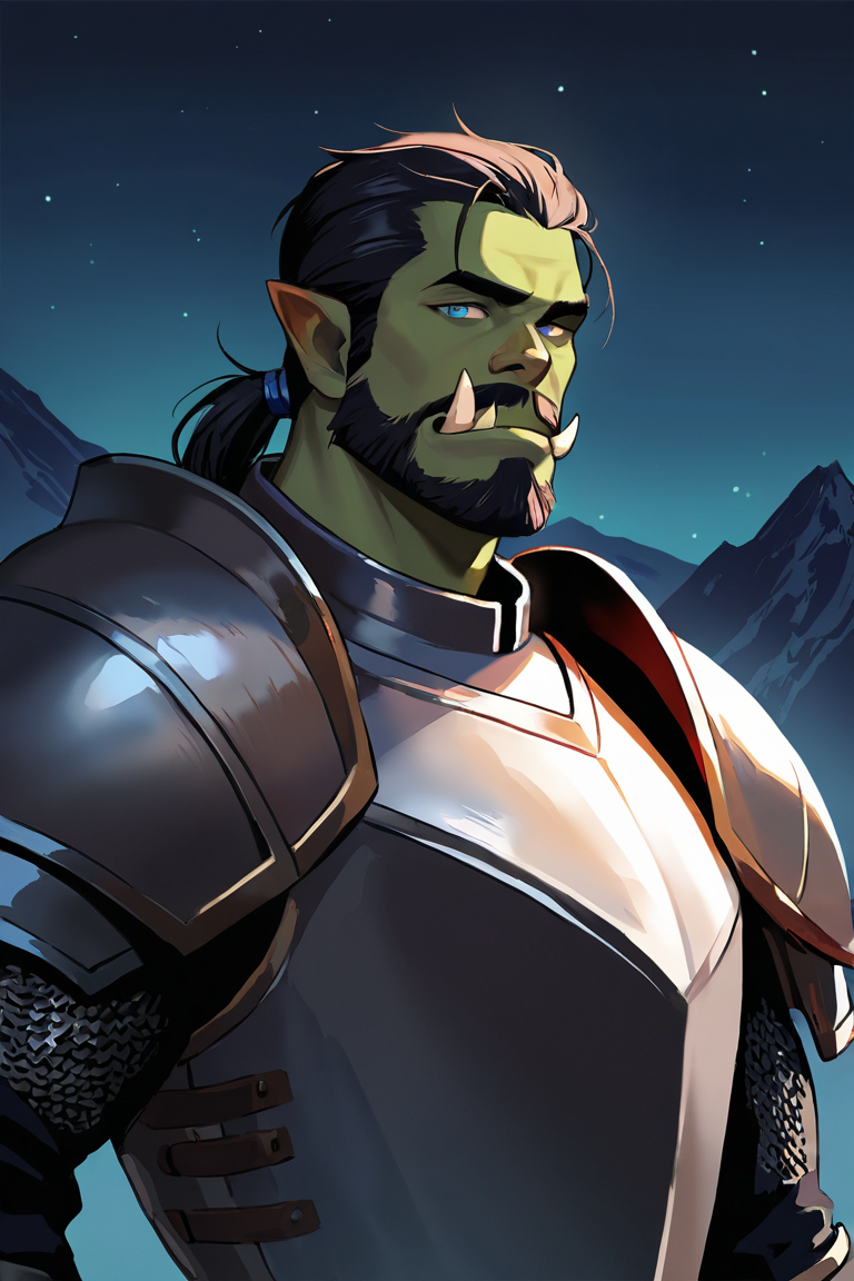 masterpiece, best quality, highres, newest, 1boy, solo, male focus, mature male, orc, colored skin, green skin, tusks, blue eyes, medium hair, black hair, hair slicked back, ponytail, facial hair, beard, mustache, looking at viewer, full armor, shoulder armor, breastplate, pauldrons, upper body, closed mouth, standing, outdoors, mountain, night, night sky, dark background <lora:Smooth Anime [LoRA] - NoobAI-XL EPS 1.0:1>