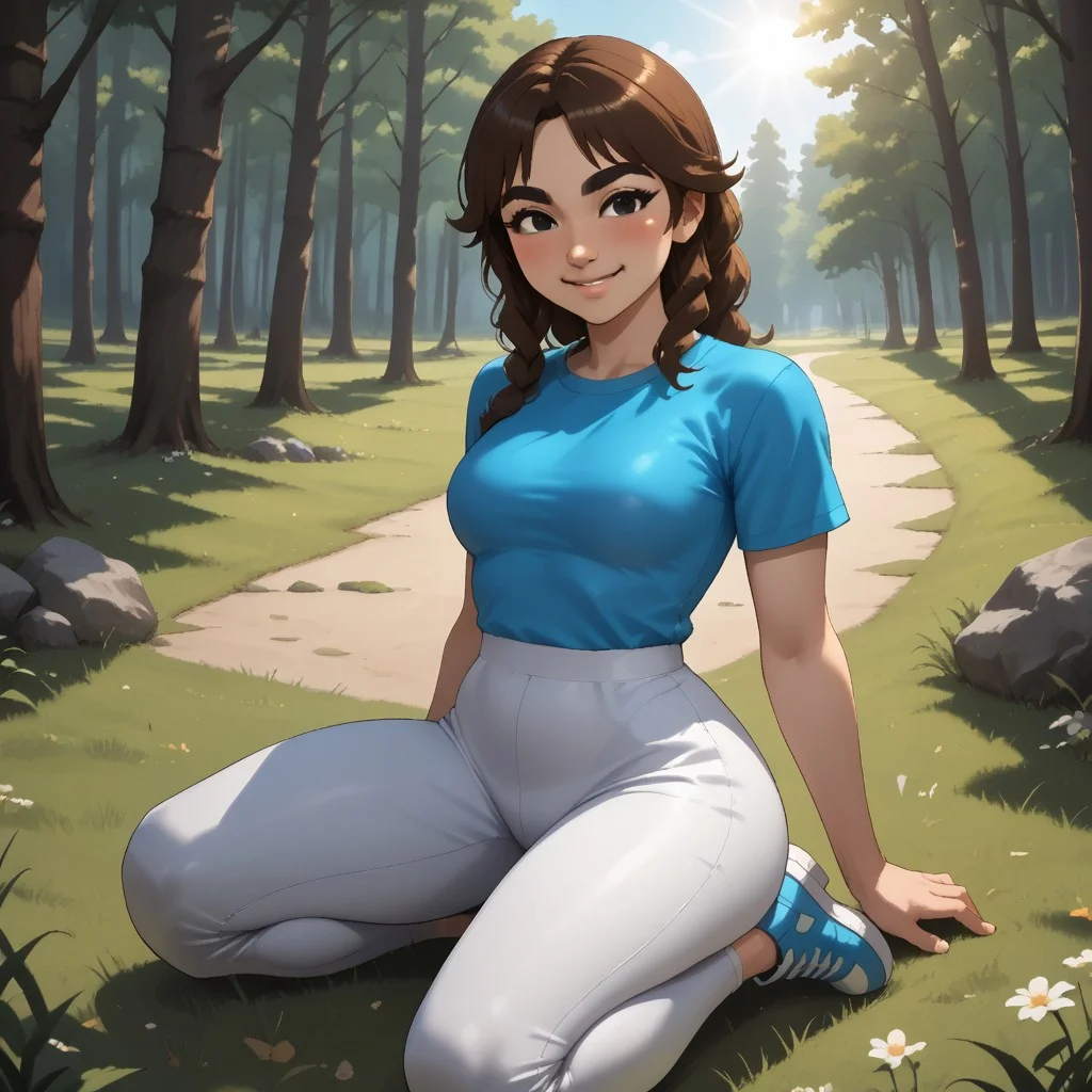score_9, score_8, BREAK, solo, wii, mii, wii sports club, female mii, 1girl, cute, brown hair, black eyebrows, black eyes, blush, cyan clothing, white pants, shoes, breasts, Marit_(Wii_Sports), nintendo mii, modern_mii, classic_mii, sexy pose, smile, outdoors, sunlight, shadows, evening lighting, natural lighting, forest, trees, grass, orange sky, sunset