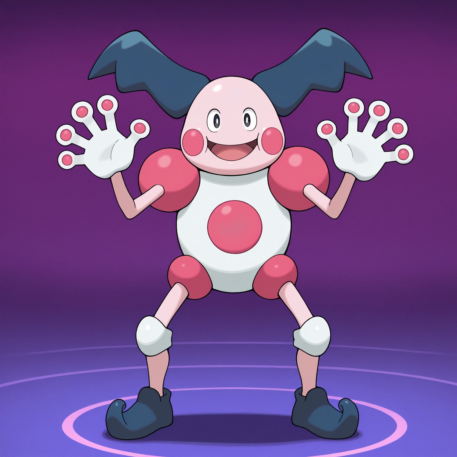 Solo, pokemon (creature), black pupils, light pink skin, blue hair, pink cheek spots, noseless, pink and white body, blue footwear, white hands, white knee pads, pink finger pads, pink shoulder pads,

BREAK looking at viewer, open mouth smile, standing, hands up, abstract background, full body

BREAK best quality, amazing quality, very aesthetic, absurdres, newest, masterpiece 