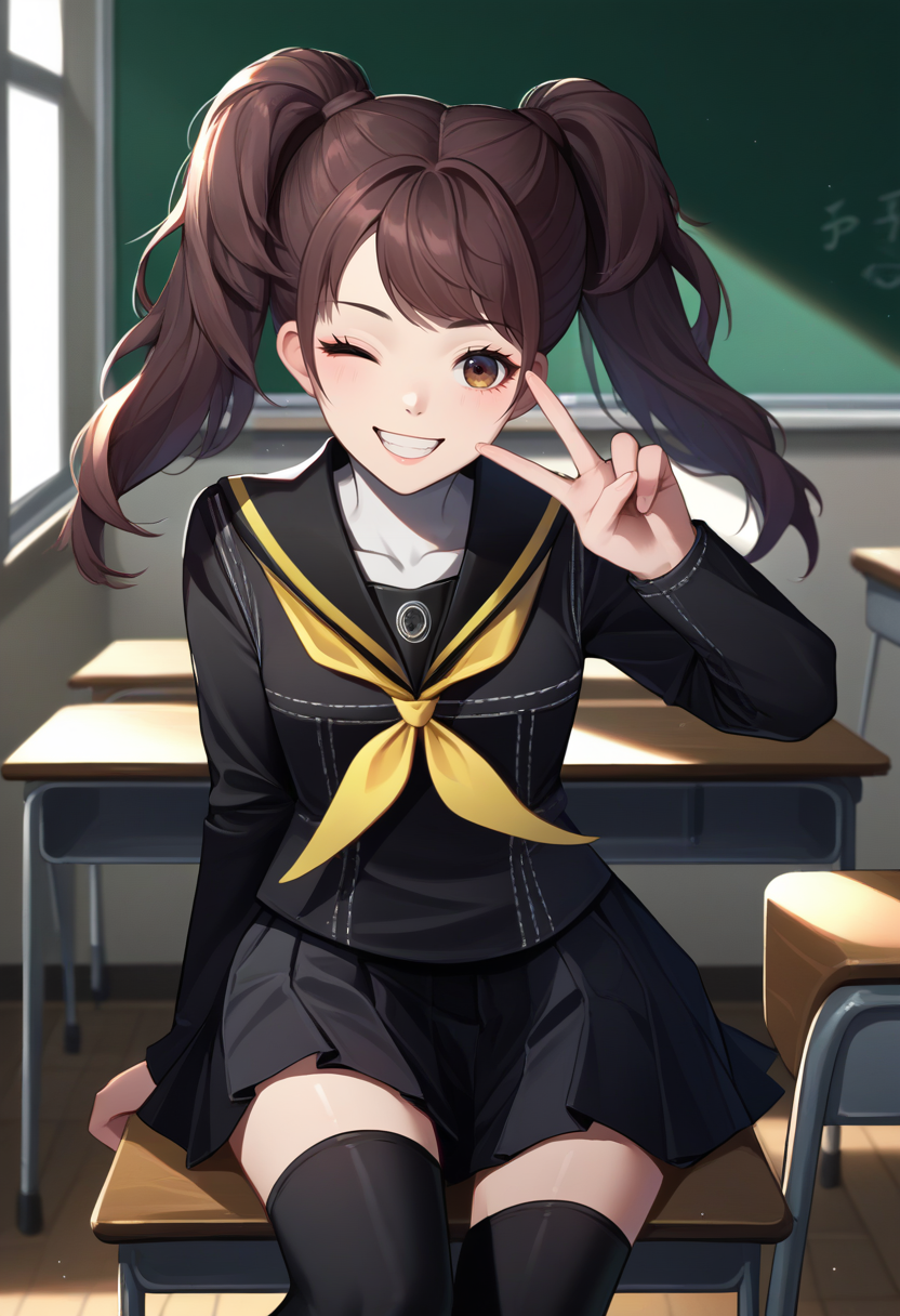 score_9, score_8_up, score_7_up, source_anime, solo, 1girl, kujikawadef, smile, looking at viewer, v, twintails, one eye closed, yasogami school uniform, black serafuku, yellow neckerchief, long black sleeves, black skirt, houndstooth, black thighhighs, indoors, classroom <lora:persona4_kujikawa_ponyXL:1>