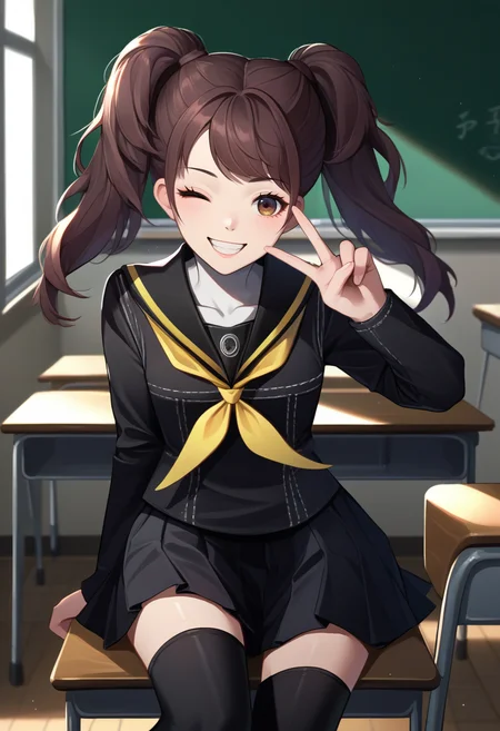 score_9, score_8_up, score_7_up, source_anime, solo, 1girl, kujikawadef, smile, looking at viewer, v, twintails, one eye closed, yasogami school uniform, black serafuku, yellow neckerchief, long black sleeves, black skirt, houndstooth, black thighhighs, indoors, classroom <lora:persona4_kujikawa_ponyXL:1>