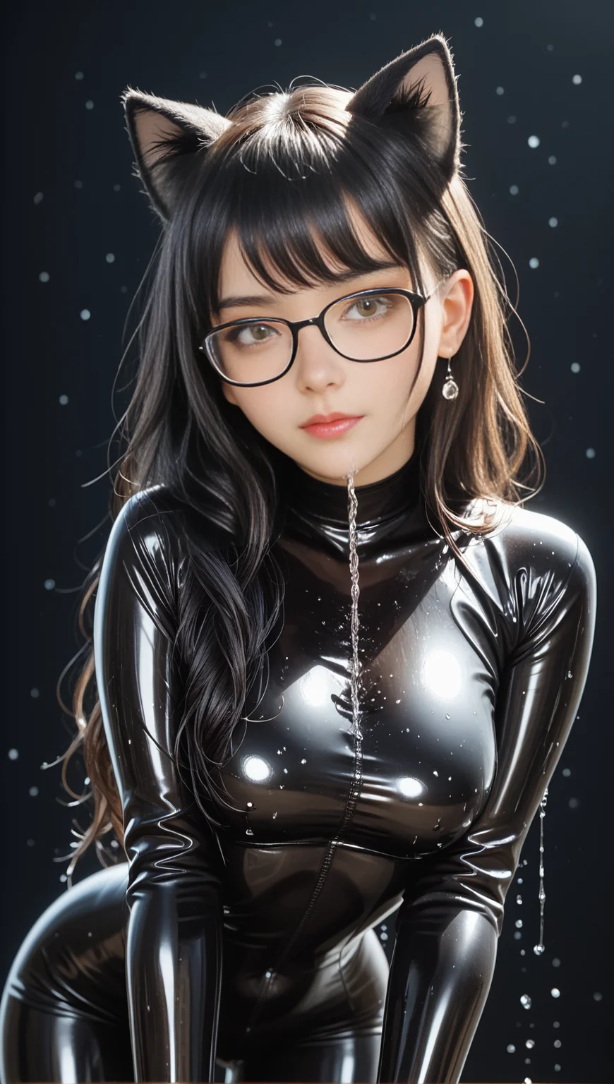 score_9, score_8_up, score_7_up, 1girl, solo, ultra detailed, ((cute)), gorgeous young anime girl, blake belladonna, under pouring rain, wet long black hair, fluffy cat ears, freckles, glasses, wet black latex, bodysuit, latex gloves, water flowing over her hair and face, dark background, <lora:add_detail:1> <lora:Expressive_H:1> <lora:great_lighting:1>