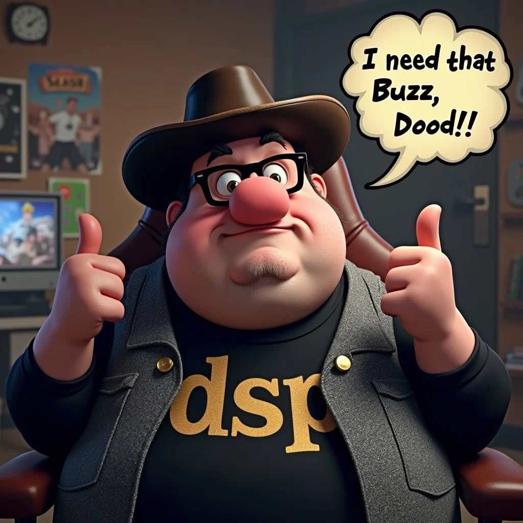 A Fat man with a Pig nose, patchy facial hair, and a receding hairline, in a cowboy hat, black shirt saying "DSP", gray sparkling vest, black glasses, indoors, gaming chair, gaming room, posters on wall, shrugging, speech bubble, text saying "I need that Buzz, Dood!", facing towards the screen