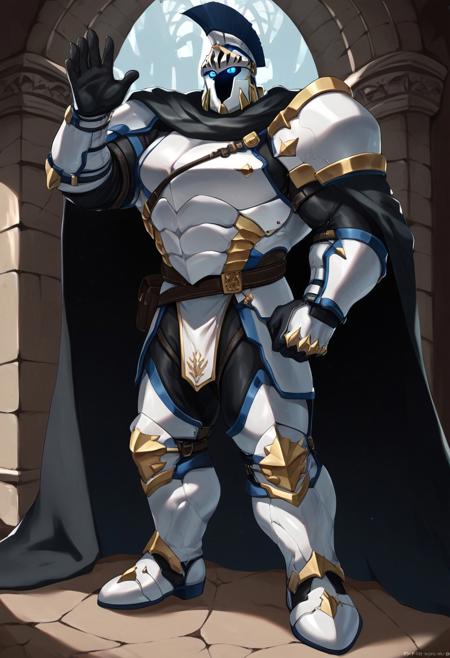score_9, score_8_up, score_7_up, score_6_up, score_5_up, score_4_up, BREAK ((1boy, ae_dyne, knight, helmet, faceless, blue eyes, cloak, breastplate, shoulder pads, gloves, pants, boots, bara)), solo male, male focus, yaoi, muscular, Massive pectorals, huge muscles, big muscles, [hyper muscles], heavy pectorals,  standing, overgrown castle ruins background, (((pitch black face))), Looking out ruined window, hand on pillar, cloak waving in the breeze