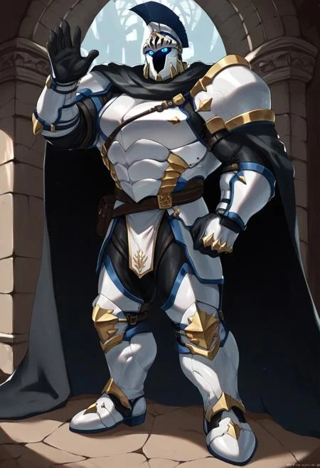score_9, score_8_up, score_7_up, score_6_up, score_5_up, score_4_up, BREAK ((1boy, ae_dyne, knight, helmet, faceless, blue eyes, cloak, breastplate, shoulder pads, gloves, pants, boots, bara)), solo male, male focus, yaoi, muscular, Massive pectorals, huge muscles, big muscles, [hyper muscles], heavy pectorals,  standing, overgrown castle ruins background, (((pitch black face))), Looking out ruined window, hand on pillar, cloak waving in the breeze