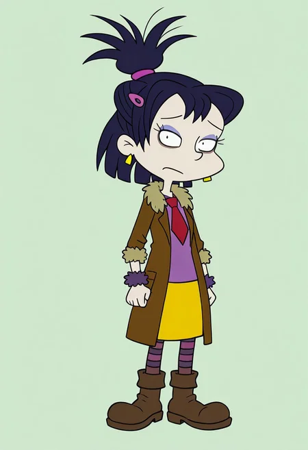 1girl,solo, looking at viewer, K1m_S1, black eyes, dark purple hair, half ponytail, updo, OutF2, golden earrings, purple bead hairclip, purple hairtie, brown fur collar coat, fur cuffs, red necktie, purple shirt, yellow skirt, brown and green striped leggings, brown boots,