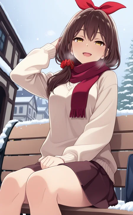 1girl,akibameidpokermob,[yellow eyes:green eyes:0.9],[black hair:brown hair:1],hair ribbon,red ribbon, hair scrunchie,town,long sleeves,sweater,skirt,snow,scarf  ,outdoors,seductive smile  ,open mouth  ,from below,close-up ,arm up , ,,sitting bench ,best quality,masterpiece,sensitive,<lora:AkibaMaidPokerMobNoobAi075:0.9>