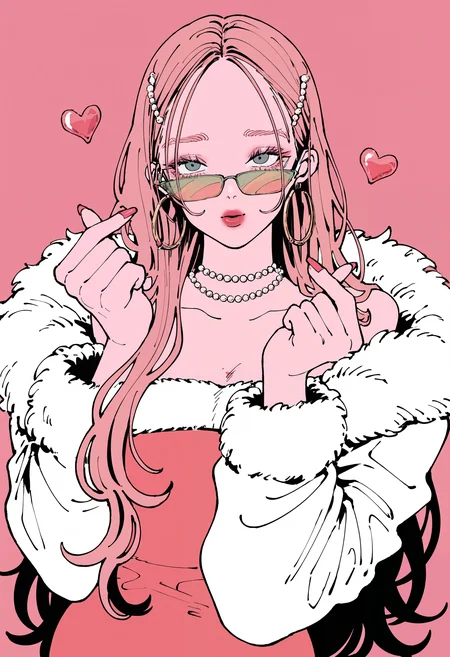 masterpiece, absurdres, newest, very awa, flat color, pink background, 1girl, solo, very long hair, brow hair, tinted eyewear, lipstick, nail polish, beads, hoop earrings, strapless dress, fur-trimmed coat, finger heart, straight-on, facing down, looking at viewer, looking over eyewear, hand on eyewear, pink background, <lora:pantz41>