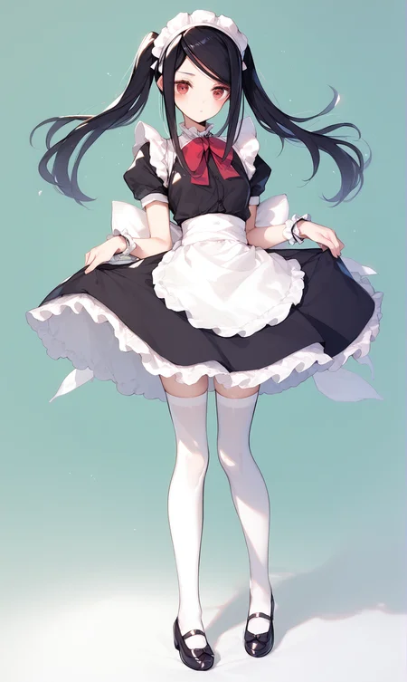 (score_9,score_8_up,score_7_up,score_6_up,score_5_up),1girl, jill stingray, maid, twintails, solo, maid headdress, apron, alternate costume, enmaided, thighhighs, black hair, wrist cuffs, maid apron, long hair, blush, frills, dress, white thighhighs, full body, mary janes, swept bangs, puffy sleeves, ribbon, black dress, red eyes, <lora:VA-11 Hall-A-xl:1>