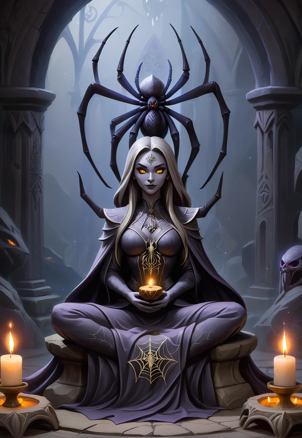 <lora:CuteCombine1:1> VCuteStyle, carved stone statue of Lolth sitting on a magical artifact altar, the Spider Goddess of the Underdark, fantasy, dungeons and dragons, high quality, concept art, idol of Lolth, dark cleric relic, incense, prayer altar