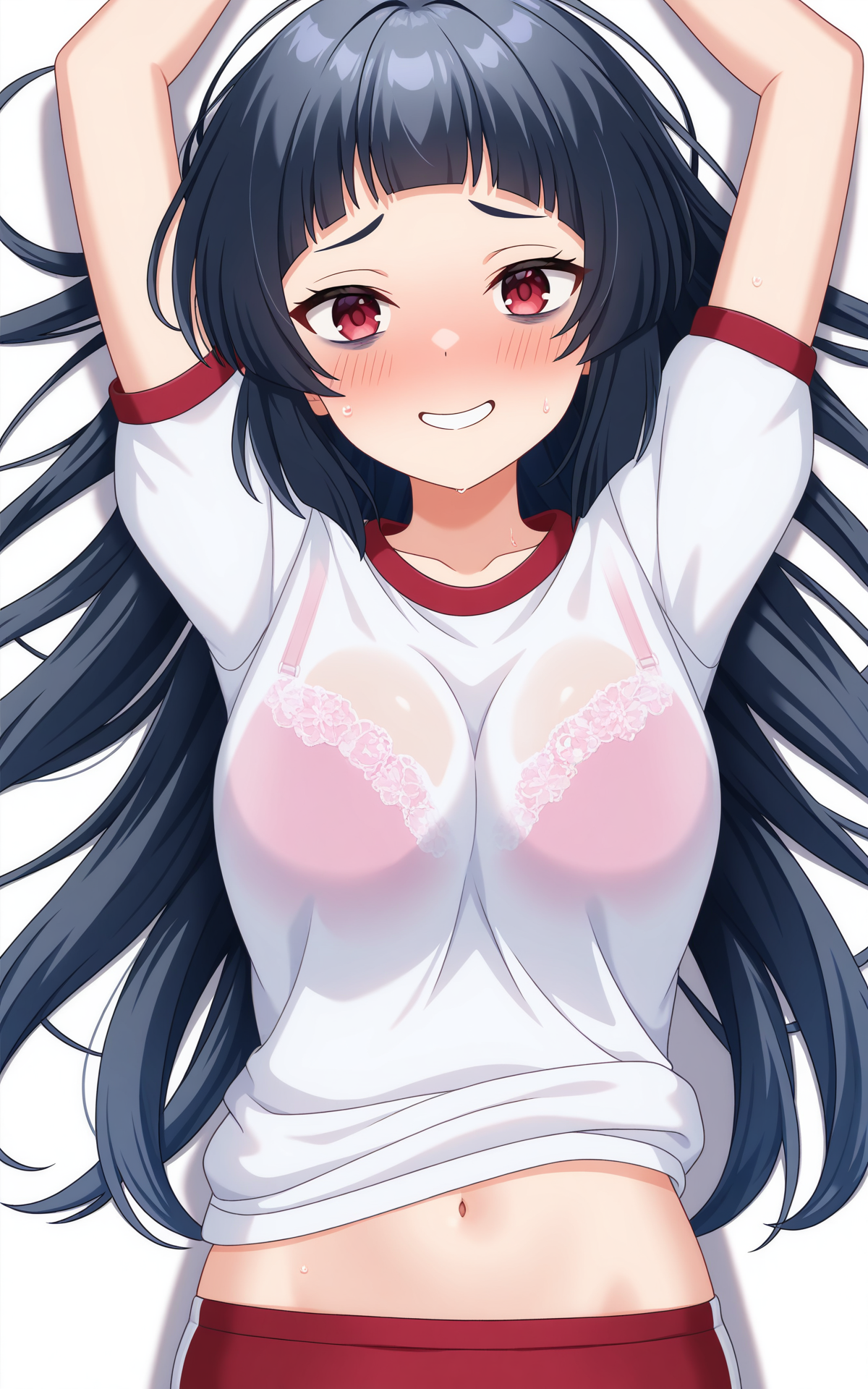 masterpiece, best quality, good quality, newest,4k, perfect lighting, cinematic, very aesthetic, official art, anime screencap, anime coloring,(((white background,simple background))),
1girl,solo,kurokawa nagiko,black hair,long hair,bangs,red eyes,bags under eyes,gym uniform,white shirt,short sleeves,red buruma,bra visible through clothes, midriff peek,
blush,grin,embarrassed,arms up,lying,on back,looking at viewer,from above,BREAK
<lora:ILnagiko:0.8>