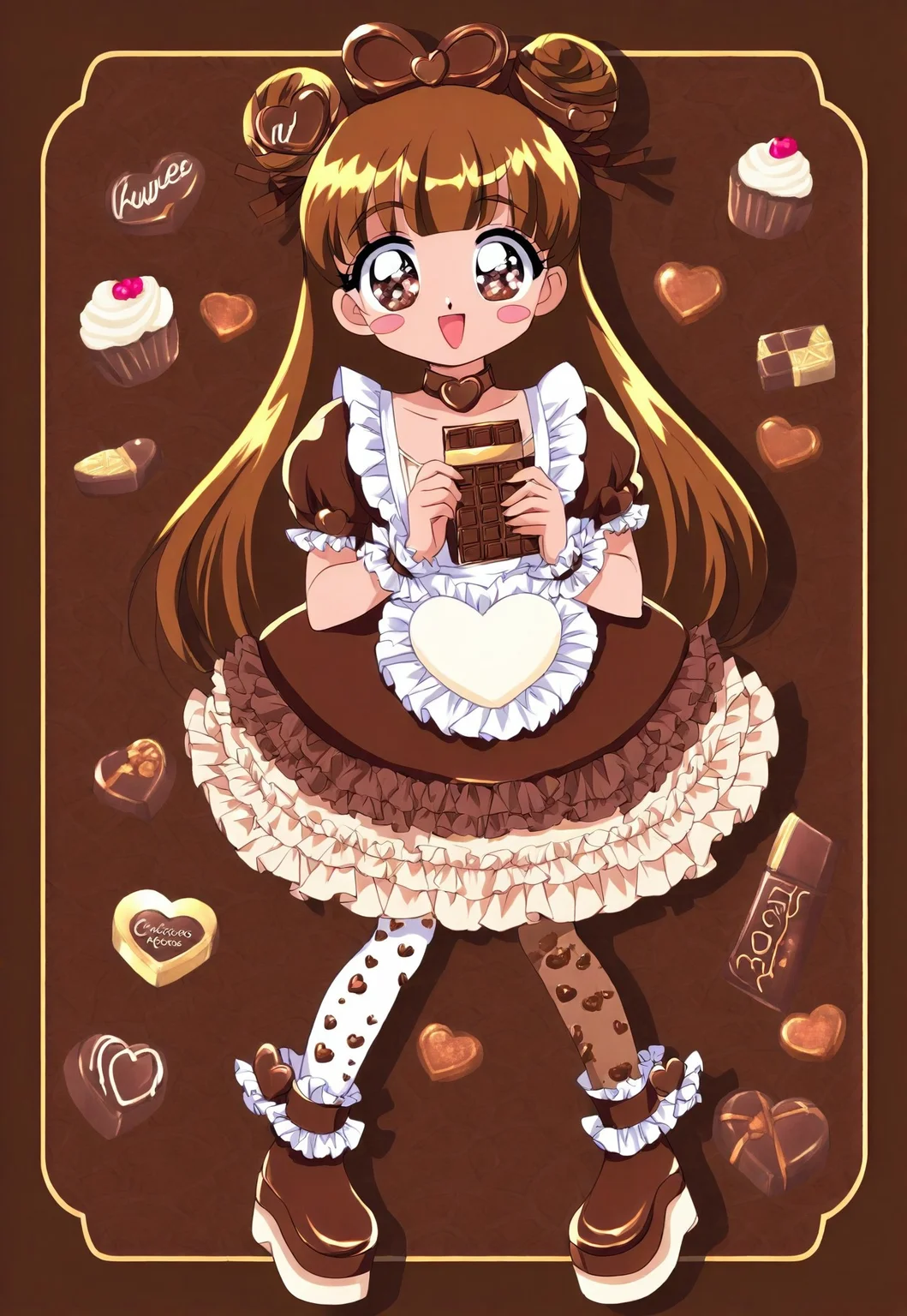 (cutecore, kawaiicore) 1990s (style), 1girl, long hair, double buns, chocolate brown hair, big eyes, brown eyes, (jeweled_eyes), petite, blush, blush stickers, smile, open mouth smile, :D, holding food, chocolate bar, holding chocolate, (chocolate themed clothes, food-themed clothes), brown (chocolate print frilly dress), food print, brown puffy short sleeves, light brown center frills, dark brown ribbons, brown and cream (attached chocolate print frilly skirt), light brown ruffles, brown frills, white short apron, bows, brown bows, hair ornaments, hair ribbons, brown (square chocolate hair ornament), food-themed hair ornament, brown heart chocolate-shaped choker, white frilled wrist cuffs, brown chocolate print mismatched stockings, print legwear, cream ankle ribbons, chocolate brown chunky ankle boots, chunky platform soles, (simple scenery, simple background), brown chocolate themed background, patterned background, food-themed background, (surrounded by cute hearts, chocolates, box of chocolates, heart-shaped chocolate, chocolate cake, chocolate making)
