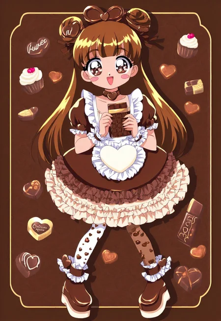 (cutecore, kawaiicore) 1990s (style), 1girl, long hair, double buns, chocolate brown hair, big eyes, brown eyes, (jeweled_eyes), petite, blush, blush stickers, smile, open mouth smile, :D, holding food, chocolate bar, holding chocolate, (chocolate themed clothes, food-themed clothes), brown (chocolate print frilly dress), food print, brown puffy short sleeves, light brown center frills, dark brown ribbons, brown and cream (attached chocolate print frilly skirt), light brown ruffles, brown frills, white short apron, bows, brown bows, hair ornaments, hair ribbons, brown (square chocolate hair ornament), food-themed hair ornament, brown heart chocolate-shaped choker, white frilled wrist cuffs, brown chocolate print mismatched stockings, print legwear, cream ankle ribbons, chocolate brown chunky ankle boots, chunky platform soles, (simple scenery, simple background), brown chocolate themed background, patterned background, food-themed background, (surrounded by cute hearts, chocolates, box of chocolates, heart-shaped chocolate, chocolate cake, chocolate making)