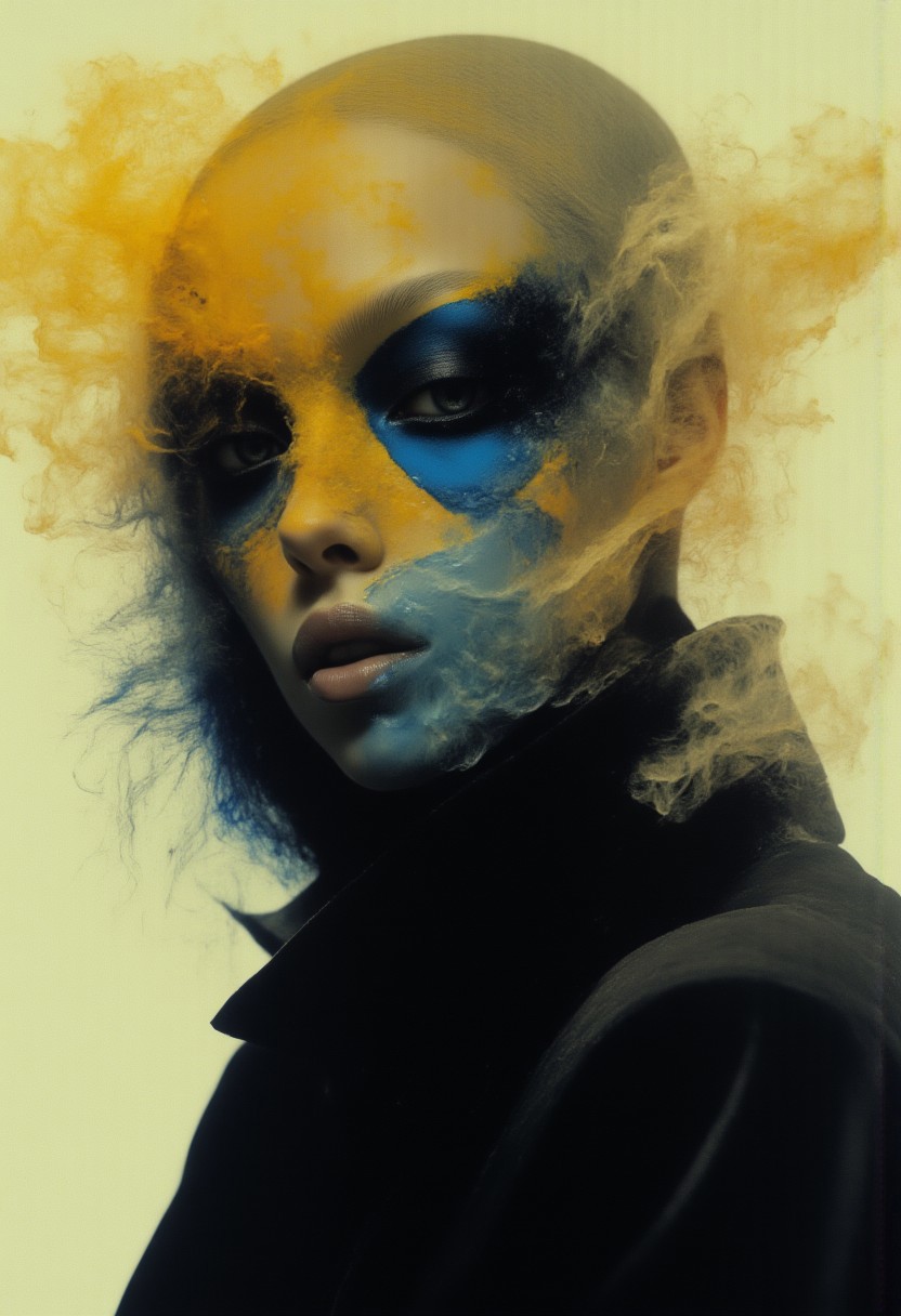 Eye liner, film grain, Japanese Model , smoky ethereal portrait, neon yellow, blue outline of her face in the hazy smoke, one point soruce of light , diffused around the smoke, gel like apperance, slime mixed with areosal themed portrait