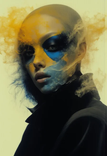 Eye liner, film grain, Japanese Model , smoky ethereal portrait, neon yellow, blue outline of her face in the hazy smoke, one point soruce of light , diffused around the smoke, gel like apperance, slime mixed with areosal themed portrait