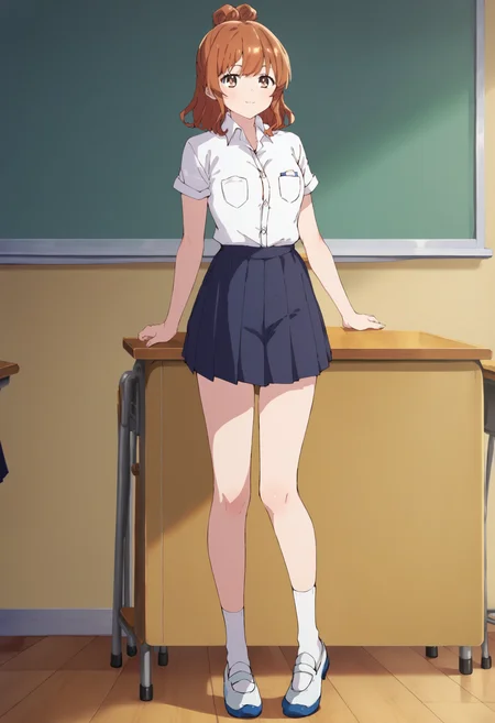 score_9, score_8_up, score_7_up, source_anime, uncensored, in a classroom,
<lora:Moeko_Sekine:1> 18 year old girl, Moeko Sekine, brown hair, brown hair, bangs, single hair bun, breasts, :D, :3,
white shirt, collared shirt, blue pleated skirt, breast pocket, shoes, hair bun, short sleeves, cardigan, full body shot, looking at the viewer,