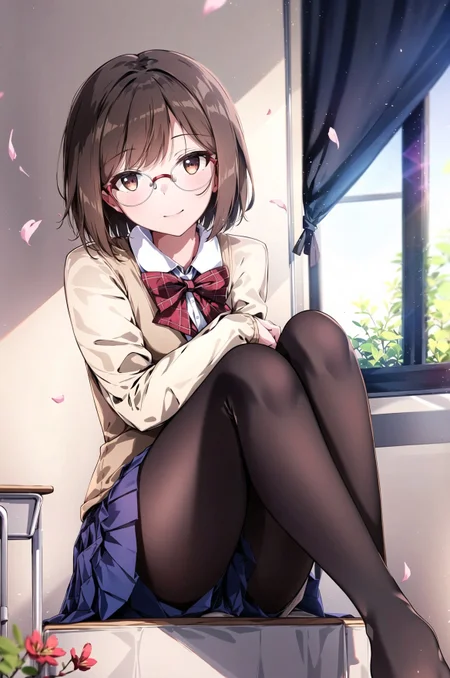 1girl, solo, pantyhose, brown hair, glasses, school uniform, smile, shoes, brown eyes, skirt, bow, petals, sitting, cherry blossoms, looking at viewer, feet, shirt, window, jacket, short hair, no shoes, bowtie, blue skirt, indoors, white shirt, black pantyhose, curtains, red bow, blue jacket, blush, bangs, collared shirt, closed mouth, off shoulder, pleated skirt, long sleeves, legs, shoes removed, blazer, toes, red bowtie, classroom, uwabaki, round eyewear, head tilt, (masterpiece,best quality)