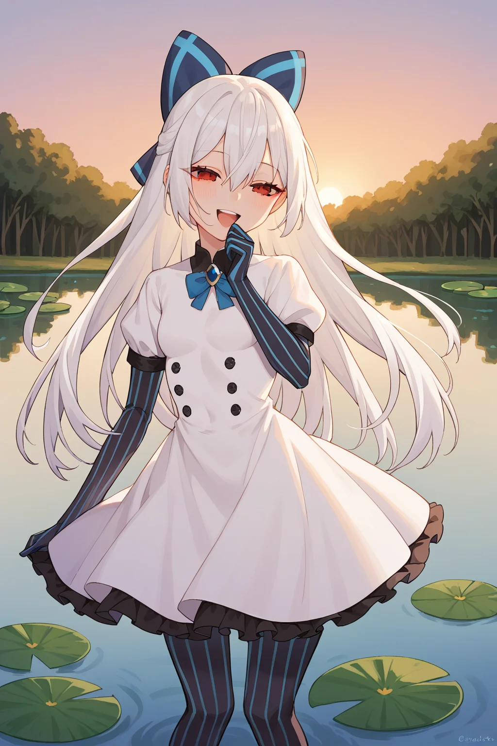 score_9, score_8_up, score_7_up, source_anime, 1girl, prefect lighting, very aesthetic, intricate details, highly detailed background, masterpiece, high quality, prefect hands, best quality, solo,
<lora:Tokarev_Girls_Frontline_V1:.85>, KJOtokarev, white hair, red eyes, long hair, hair between eyes, half-closed eyes,
hairbow, white dress, striped gloves, striped legwear, puffy short sleeves, collared shirt,
smug, laughing, open mouth, hand over mouth, looking to the side,
lily pad, pond, sunset, trees, wooden rails,
(Beautiful, small Breasts:1.2), natural breasts,