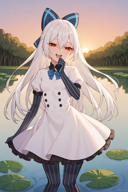 score_9, score_8_up, score_7_up, source_anime, 1girl, prefect lighting, very aesthetic, intricate details, highly detailed background, masterpiece, high quality, prefect hands, best quality, solo,
<lora:Tokarev_Girls_Frontline_V1:.85>, KJOtokarev, white hair, red eyes, long hair, hair between eyes, half-closed eyes,
hairbow, white dress, striped gloves, striped legwear, puffy short sleeves, collared shirt,
smug, laughing, open mouth, hand over mouth, looking to the side,
lily pad, pond, sunset, trees, wooden rails,
(Beautiful, small Breasts:1.2), natural breasts,